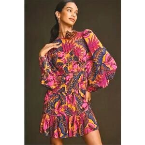 FARM Rio Floral Long Sleeve Key Hole Tiered Yellow Fruit Dream Mini Dress S